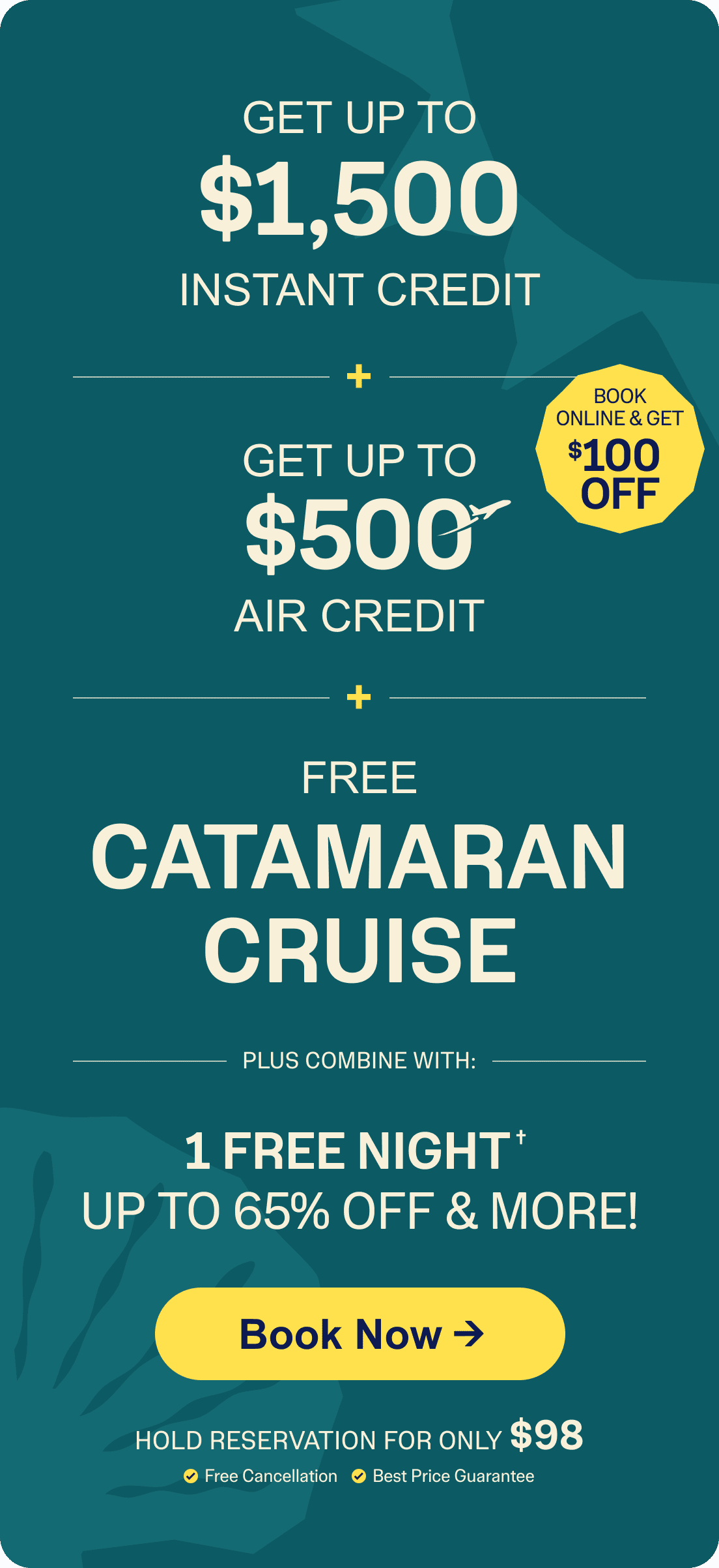 Island Escapes ad with $2,000 credit, free catamaran cruise, and yellow Book Now button over ocean view