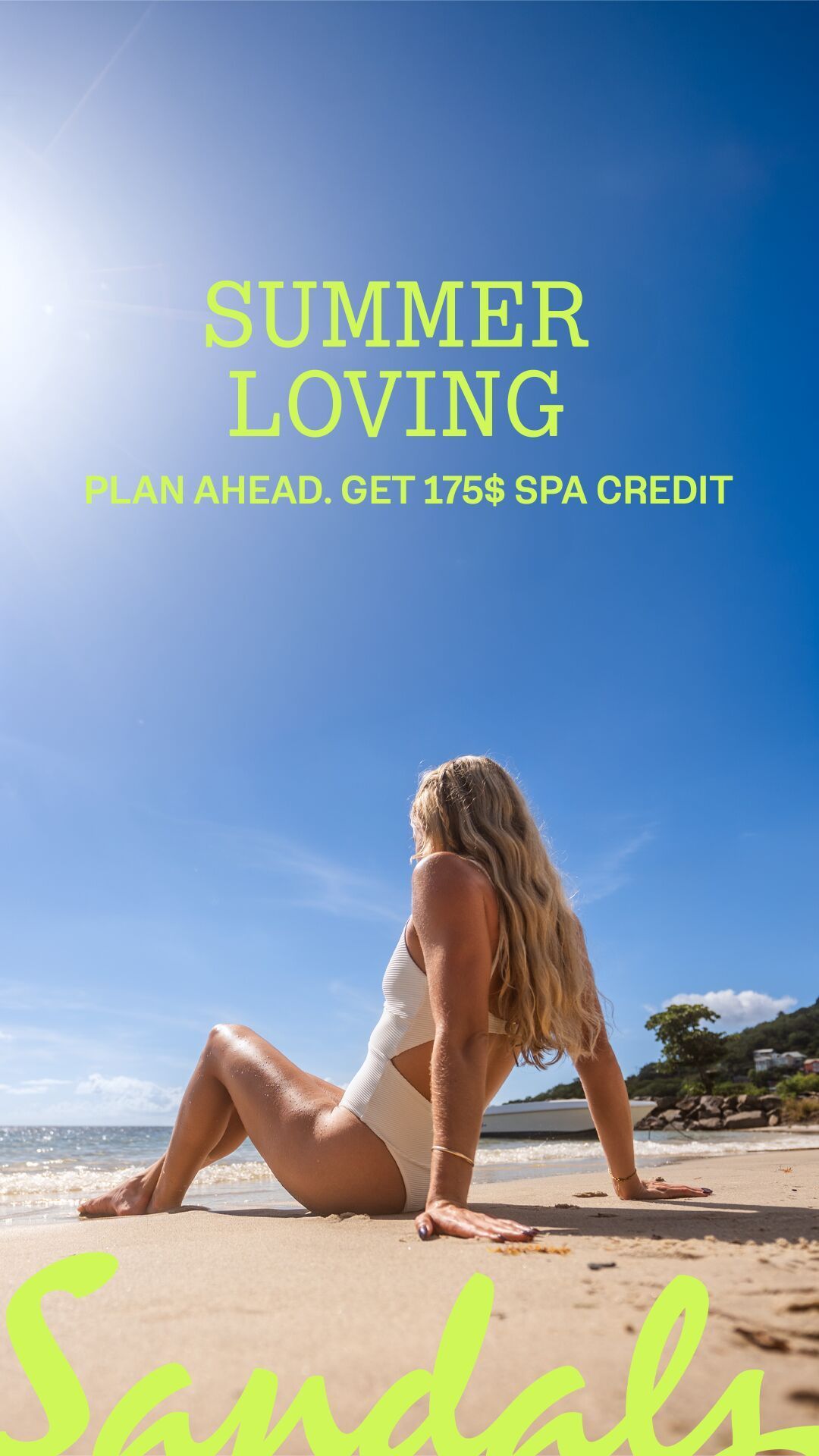 A person sits on a sunny beach, viewed from behind, with text advertising a $175 spa credit for Sandals resorts.
