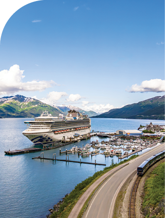 Large cruise ship in a fjord beside a coastal town, with mountains, blue water, and a curving road in the foreground