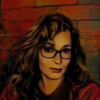 Stylized portrait of a woman with glasses and wavy brown hair against a brick wall background