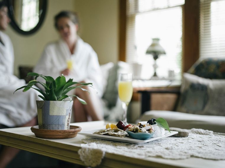 Breakfast tray on a coffee table with fruit, pastries, juice, and a potted plant in a cozy living room