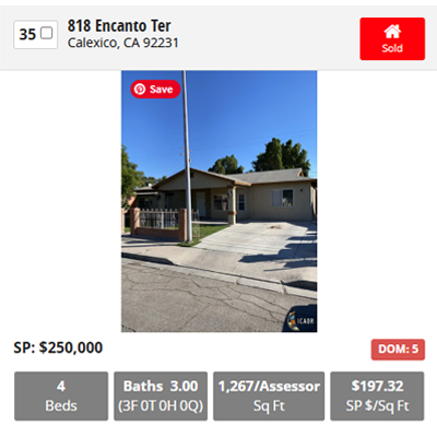House at 818 Encanto Ter in Calexico, CA. Sold for $250,000, 4 beds, 3 baths, 1,267 sq ft.