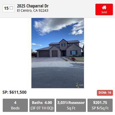 Real estate listing: House at 2025 Chaparral Dr, El Centro, CA, sold for $611,500. 4 beds, 4 baths, 3,031 sq ft.