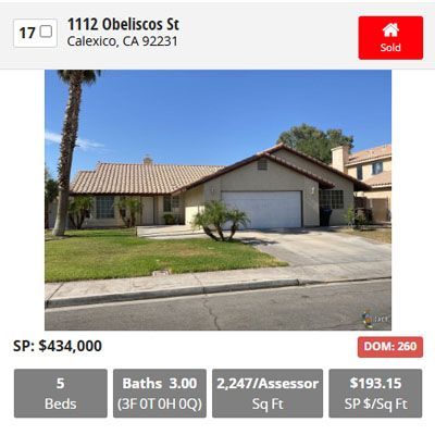 House at 1112 Obeliscos St in Calexico, CA, sold for $434,000. Features 5 beds, 3 baths, 2,247 sq ft.