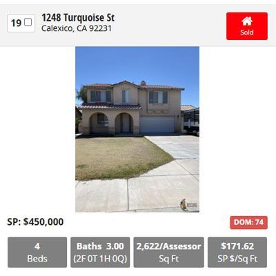 Real estate listing: 1248 Turquoise St, Calexico, CA. House with 4 beds, 3 baths, 2,622 sq ft. Sold for $450,000.