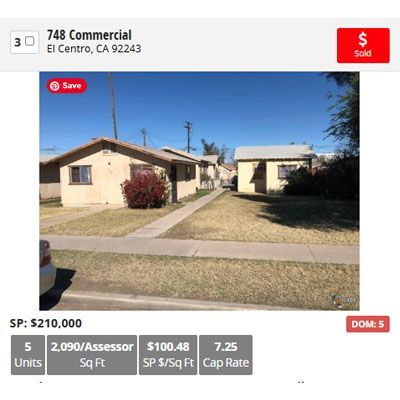Real estate listing for 748 Commercial in El Centro, CA, showing a multi-unit property with a 