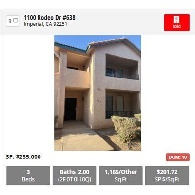 Real estate listing: 1100 Rodeo Dr #638, Imperial, CA. Two-story building, sold for $235,000. 3 beds, 2 baths, 1,165 sq ft.