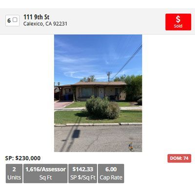 A two-unit house at 111 9th St in Calexico, CA, sold for $230,000.