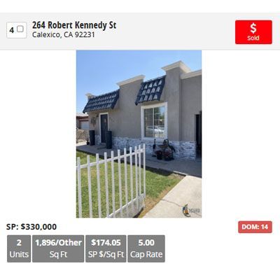 Real estate listing for 264 Robert Kennedy St. in Calexico, CA. Shows a house with sold status.