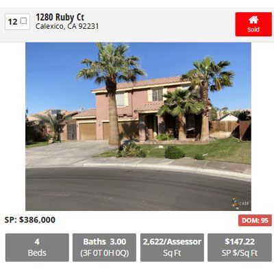 House at 1280 Ruby Ct, Calexico, CA. Two-story with palm trees. Sold. Details include price, beds, baths, sq ft.
