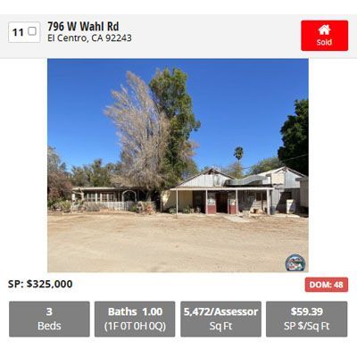 Real estate listing for a house at 796 W Wahl Rd, El Centro, CA. Price: $325,000. Sold. 3 beds, 1 bath, 5,472 sq ft.
