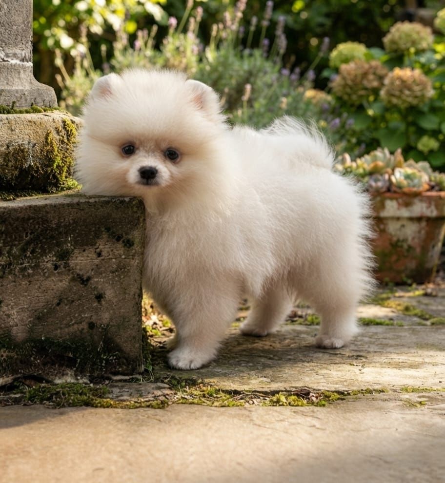 Cream Pomeranian puppy for sale in Phoenix with International Champion bloodlines standing in a gard