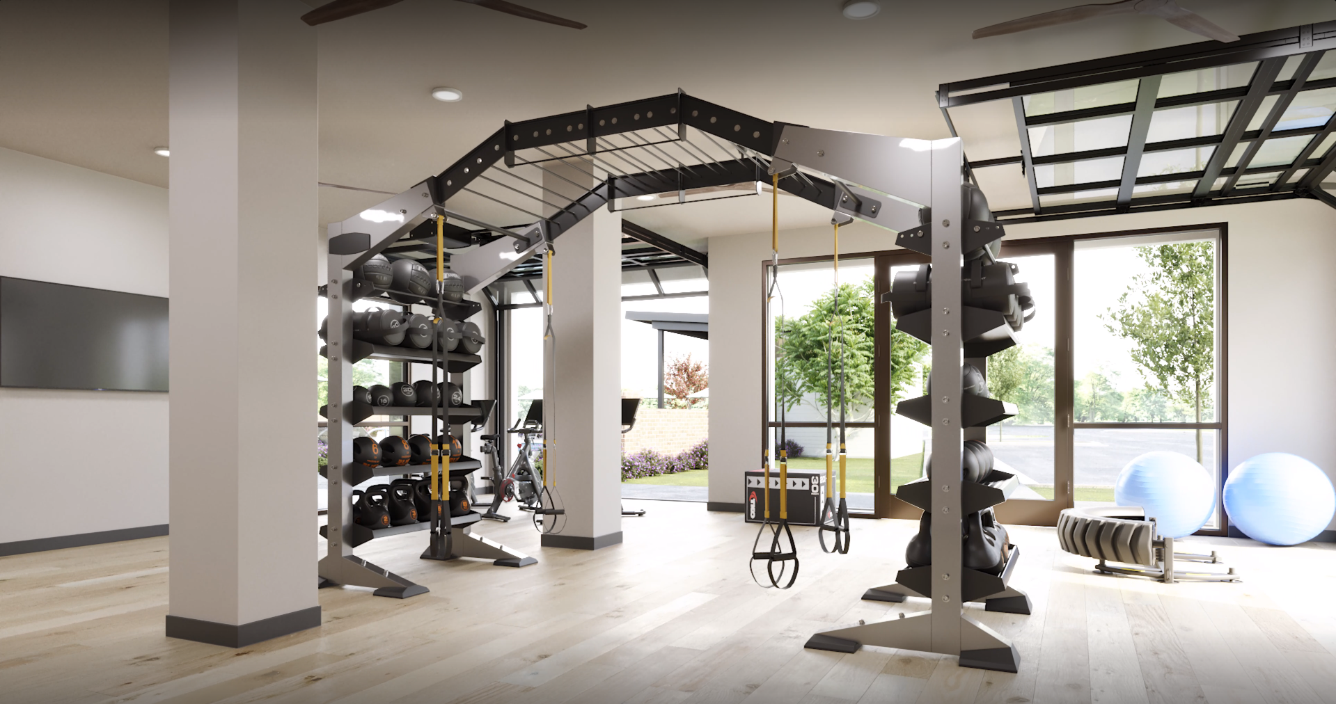 An artist 's impression of a gym with a lot of equipment.