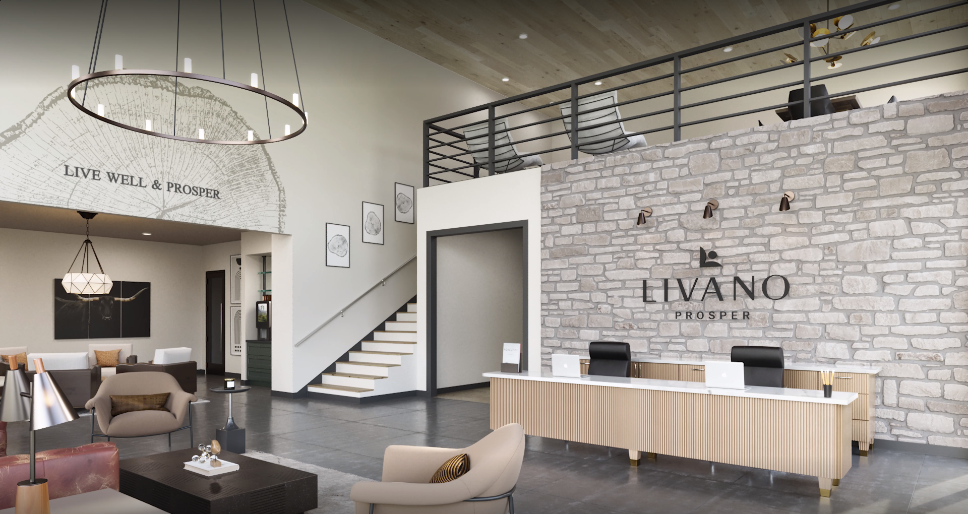 A living room with a brick wall and a reception desk.