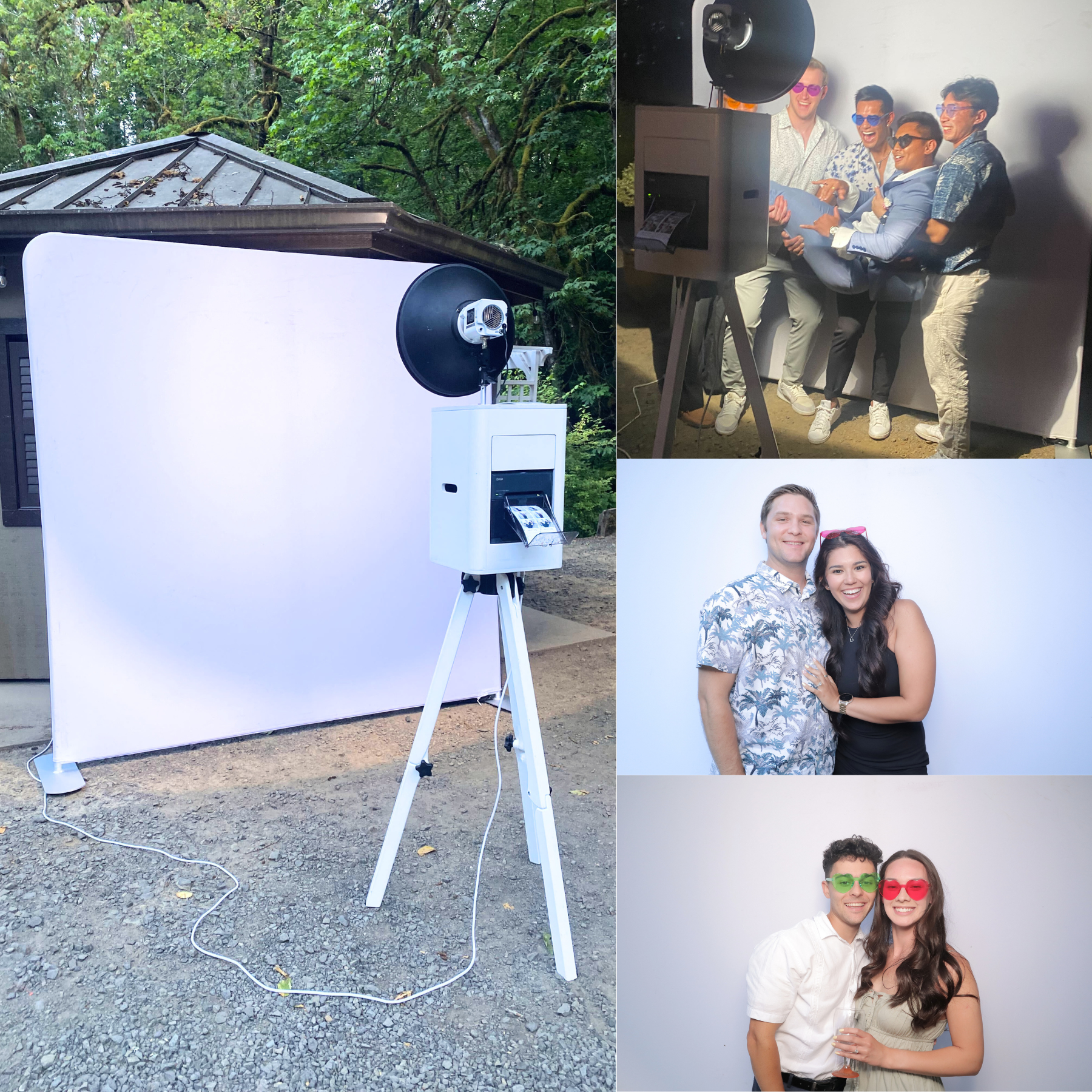Photo booth setup outdoors with three small posed portraits displayed on the right.