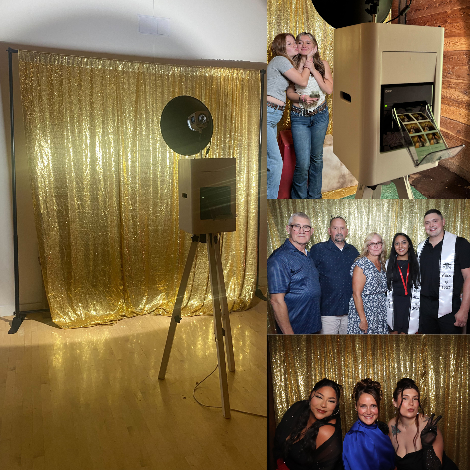 Gold photo booth with tripod camera and collage of people posing at an event