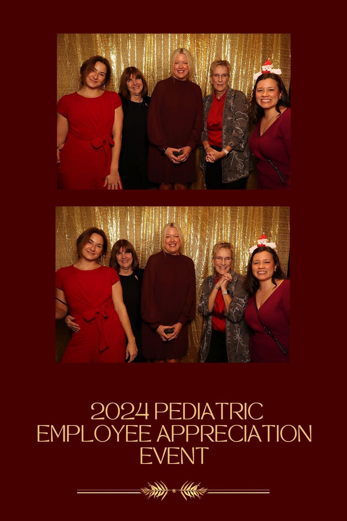 2024 Pediatric Employee Appreciation Event poster with two group photos on a red-and-gold backdrop