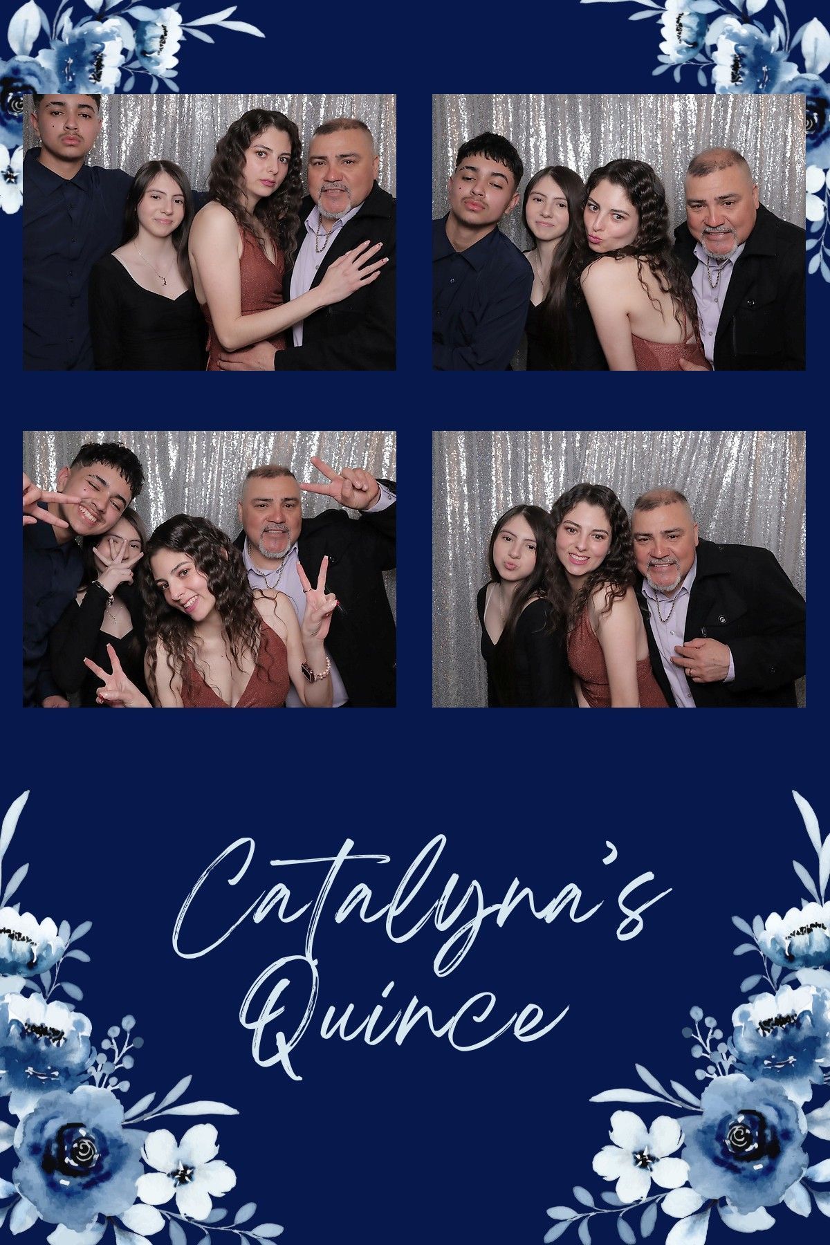 Four photo collage of a quinceañera family posing against a blue, silver-decorated backdrop, with “Catalyna’s Quince” text