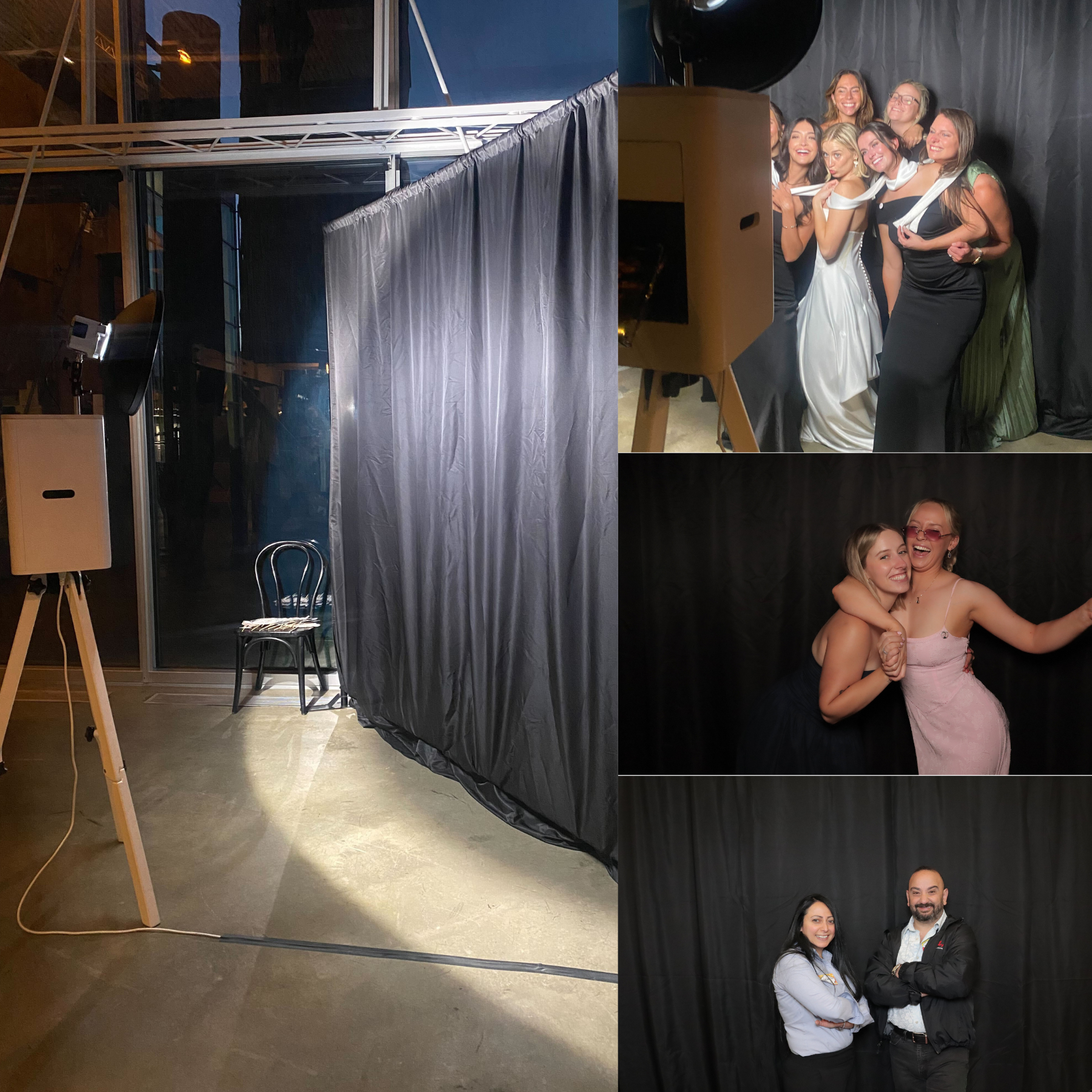 Three event photos: a black draped booth and three posed snapshots of people in formal attire.