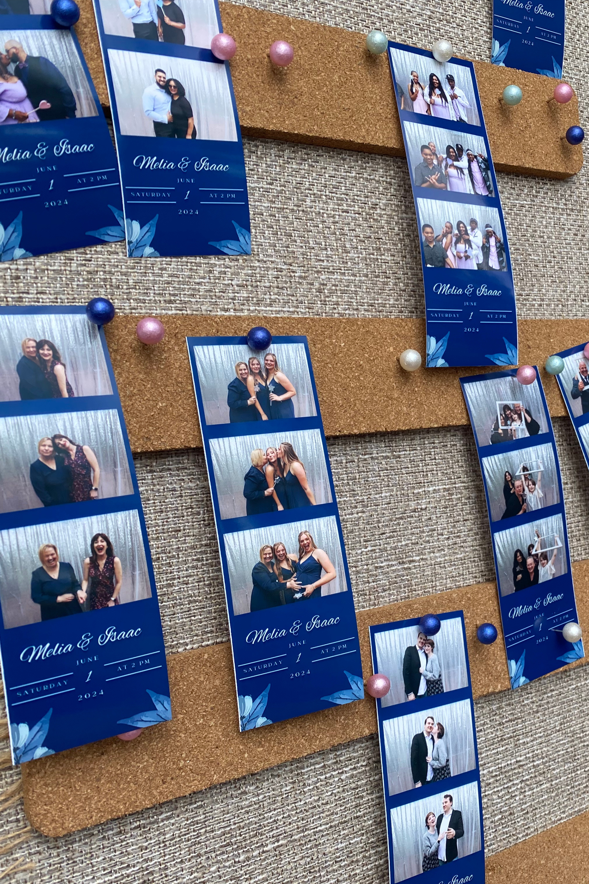 Blue promotional flyers pinned to a corkboard on a textured wall, showing people posing in photos.