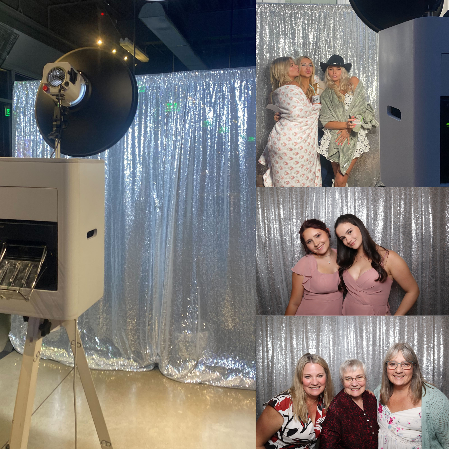 Photo booth collage with silver backdrop and four group snapshots of smiling women at an event