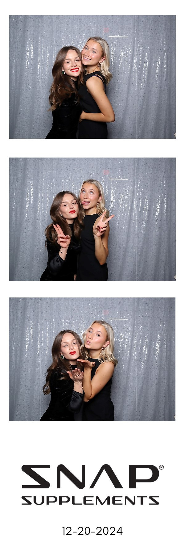 Three photobooth-style snapshots of two people posing before a silver backdrop, with Snap Supplements logo below