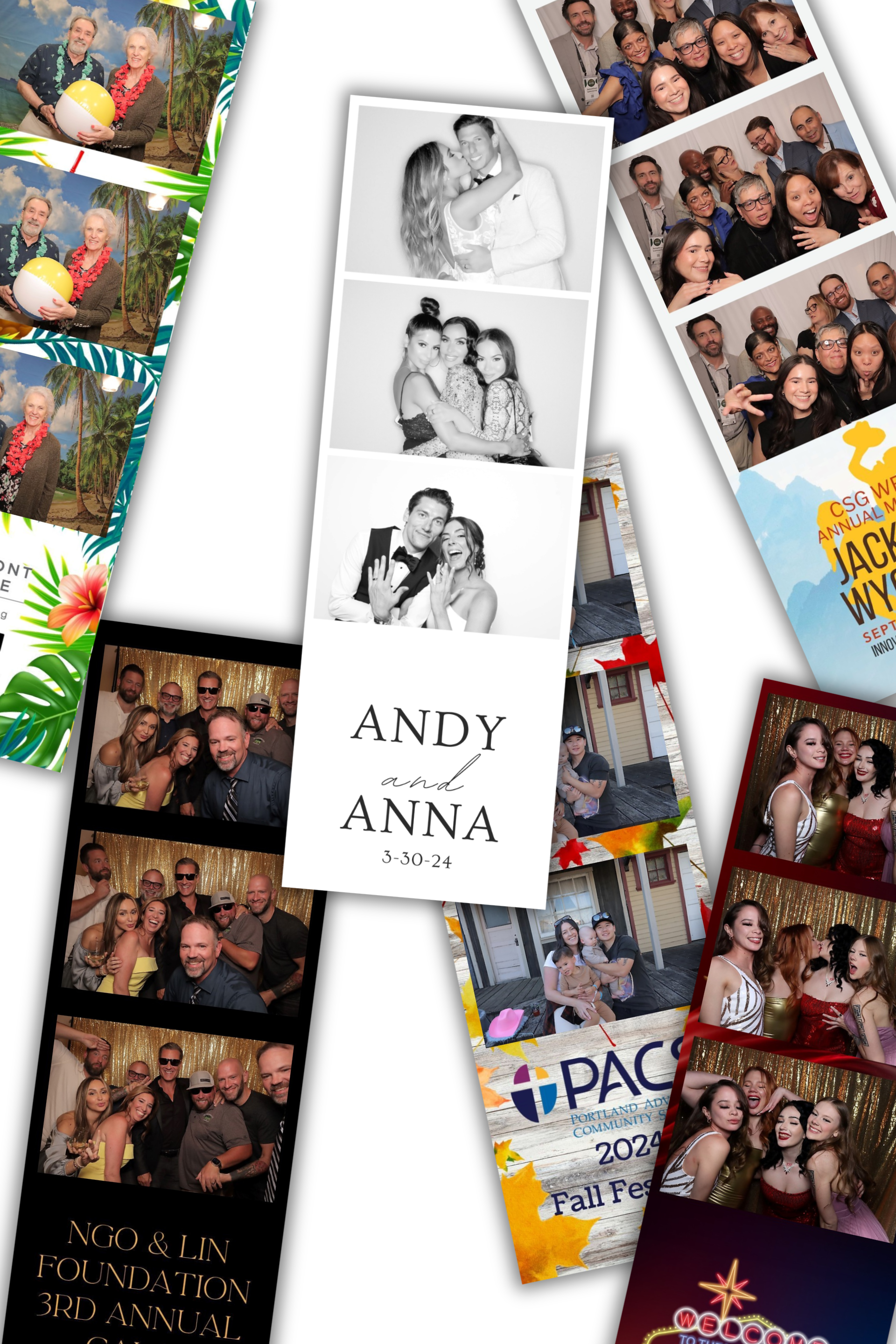 Wedding photo booth collage with black-and-white couple strip labeled “ANDY & ANNA” and colorful snapshots around it