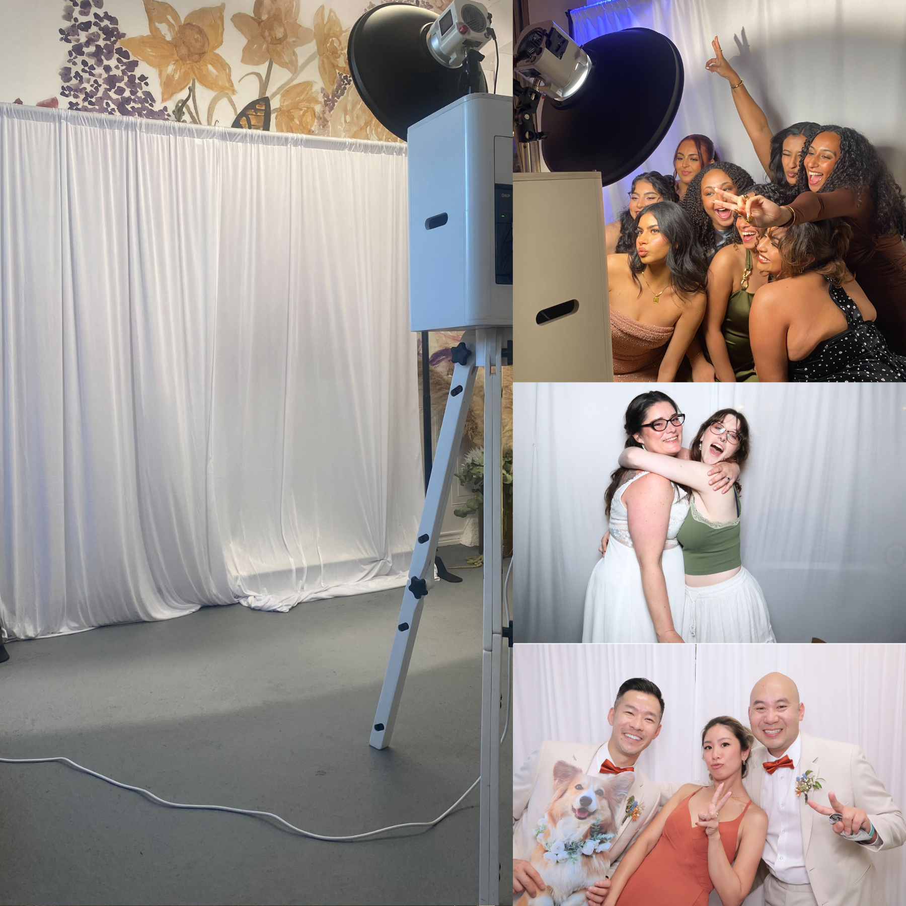 Photo booth setup with white backdrop, props, and three sample party photos displayed on the side.