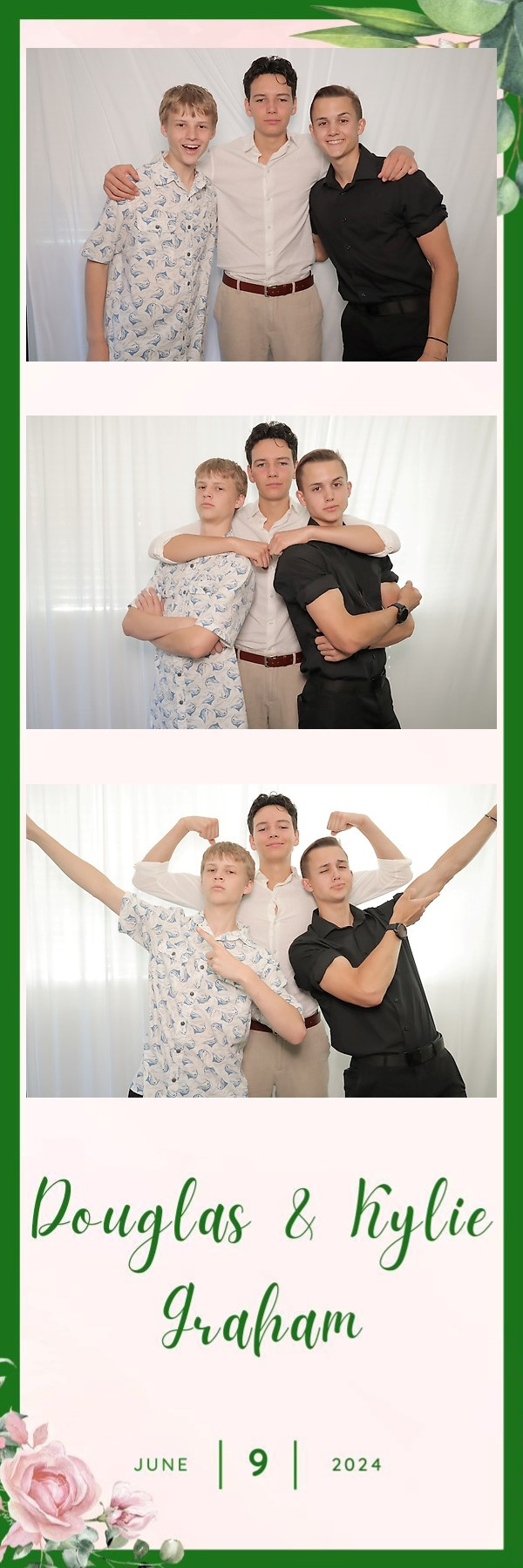 Three people posing in a white studio collage with green script text reading “Douglas & Kylie Graham”