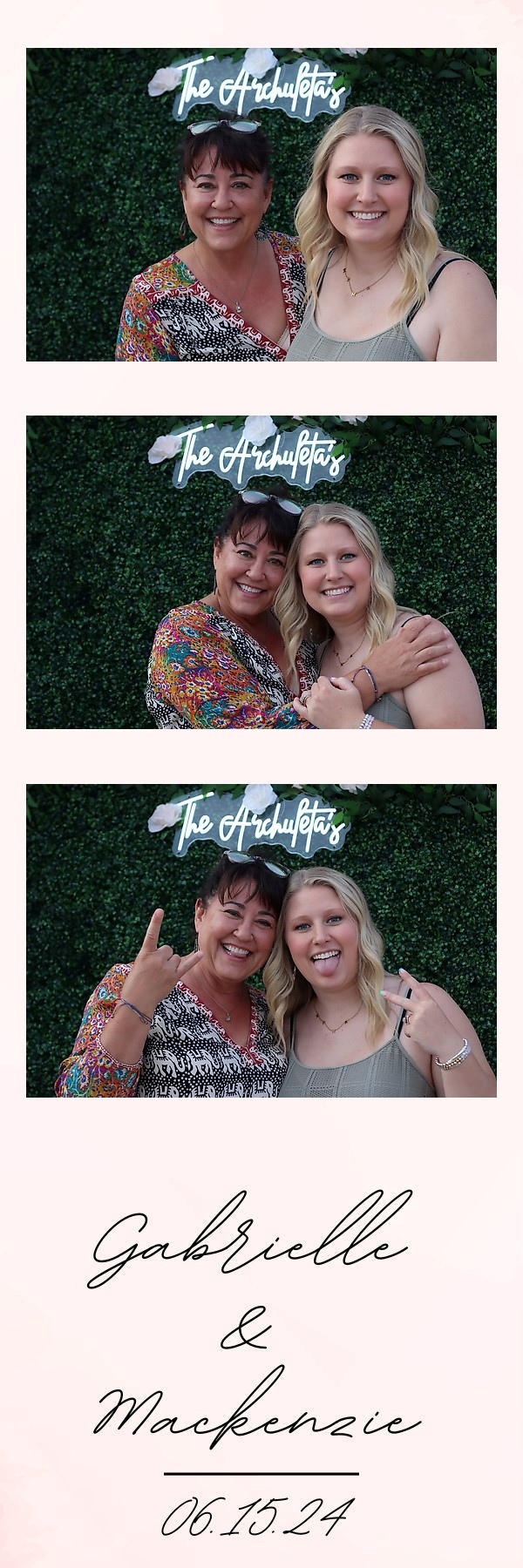 Three photo-strip portraits of two smiling women posing outdoors against greenery, with cursive text below.