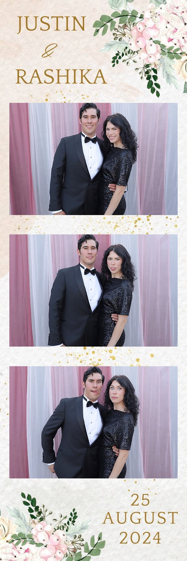 Wedding photo strip of a couple in formal attire with floral accents and the date August 25, 2024.