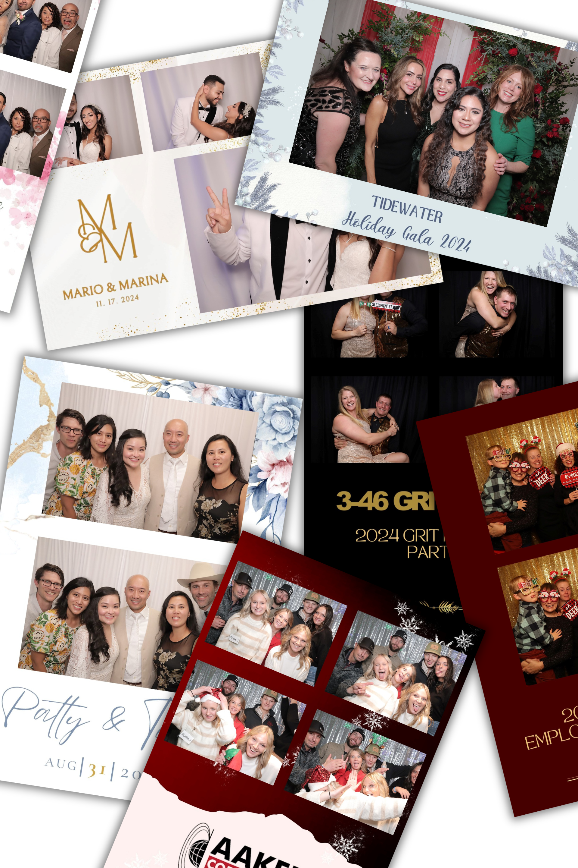 Collage of polaroid-style photos from a celebration with friends in a decorated venue.