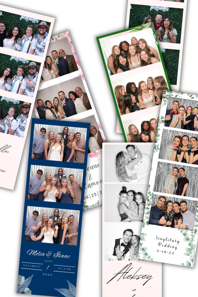 Collage of wedding photo booth strips with couples posing and smiling in white, blue, green, and pink frames