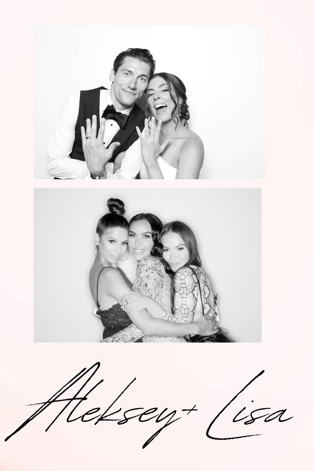 Two black-and-white photos of a smiling couple and three children, with a cursive signature below.