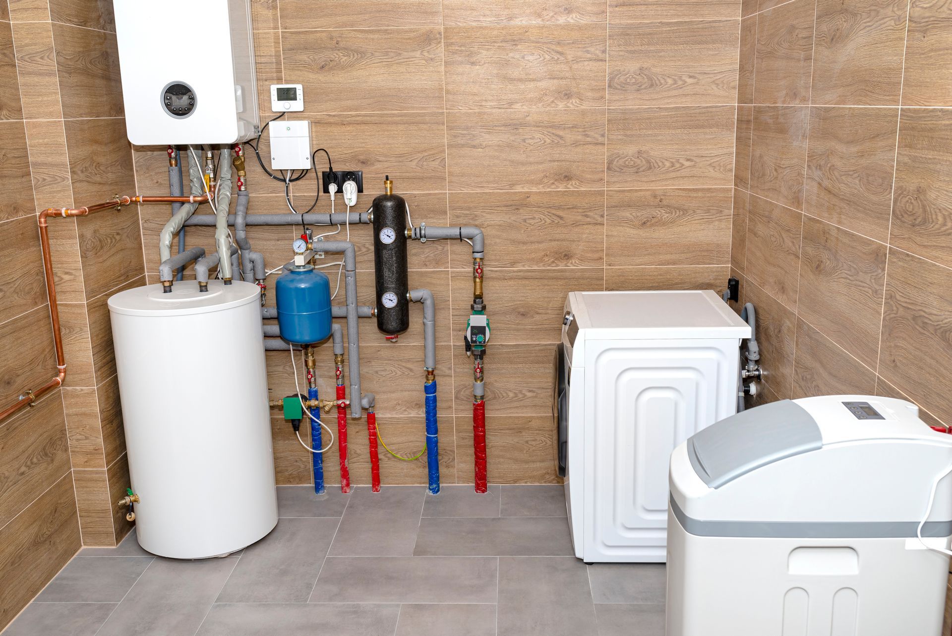 A boiler room featuring a wall-mounted boiler, a hot water tank, a washing machine, and a water softener on tiled floors.