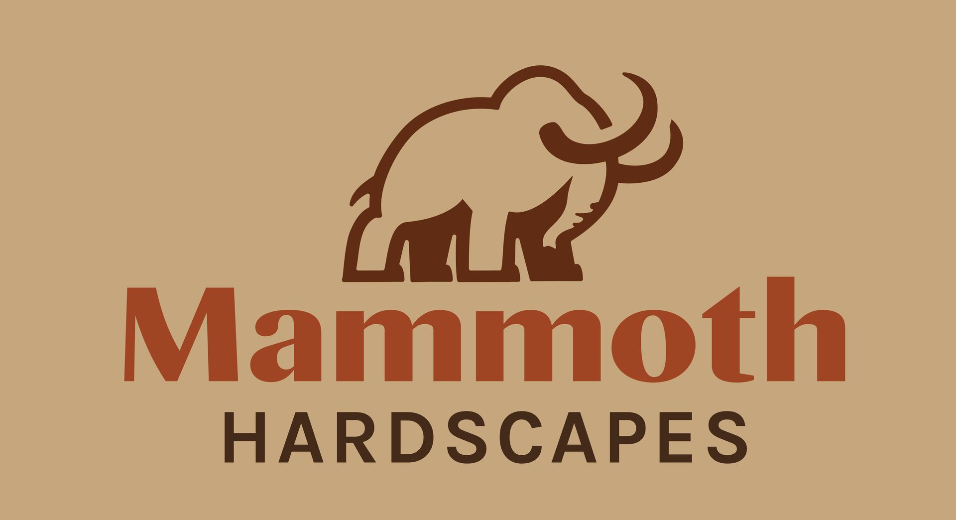 Logo of Mammoth Hardscapes with a brown woolly mammoth and text on a tan background.