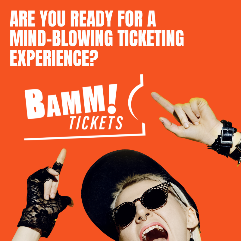 An advertisement for bamm tickets shows a woman wearing sunglasses and gloves