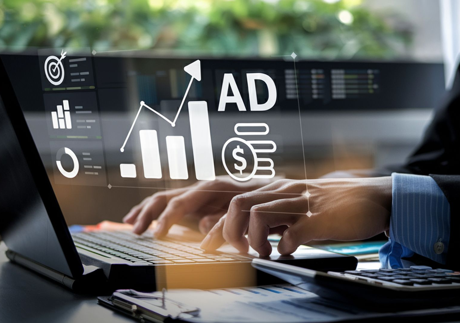 Business professional analyzing Google Ads data to improve SEO, keyword research, and organic search