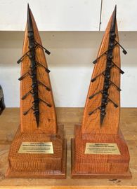 Two wooden trophies are sitting on a wooden table.