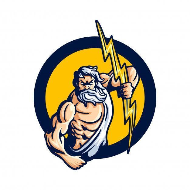 Stylized Zeus holding a lightning bolt in a yellow and navy circular logo