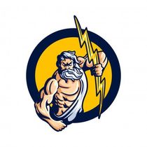 Stylized Zeus holding a lightning bolt in a yellow and navy circular logo