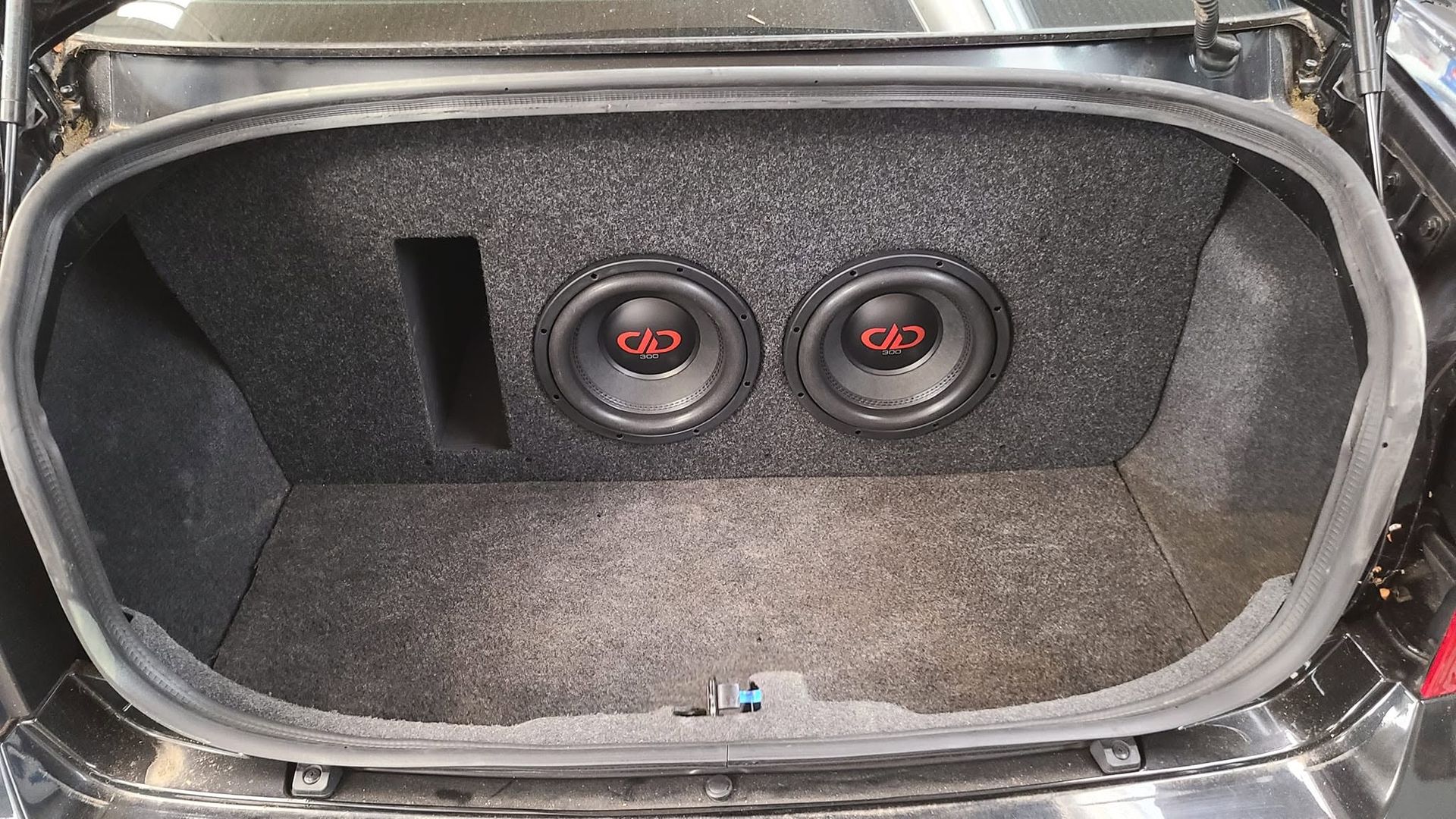 Car trunk lined in gray carpet with two round subwoofers mounted at the back.