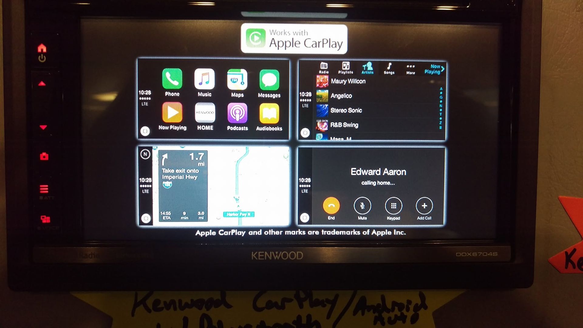 Car infotainment home screen with app tiles, music controls, and navigation widgets on a dark display.