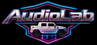 Neon AudioLab logo with a lifted truck on a black background