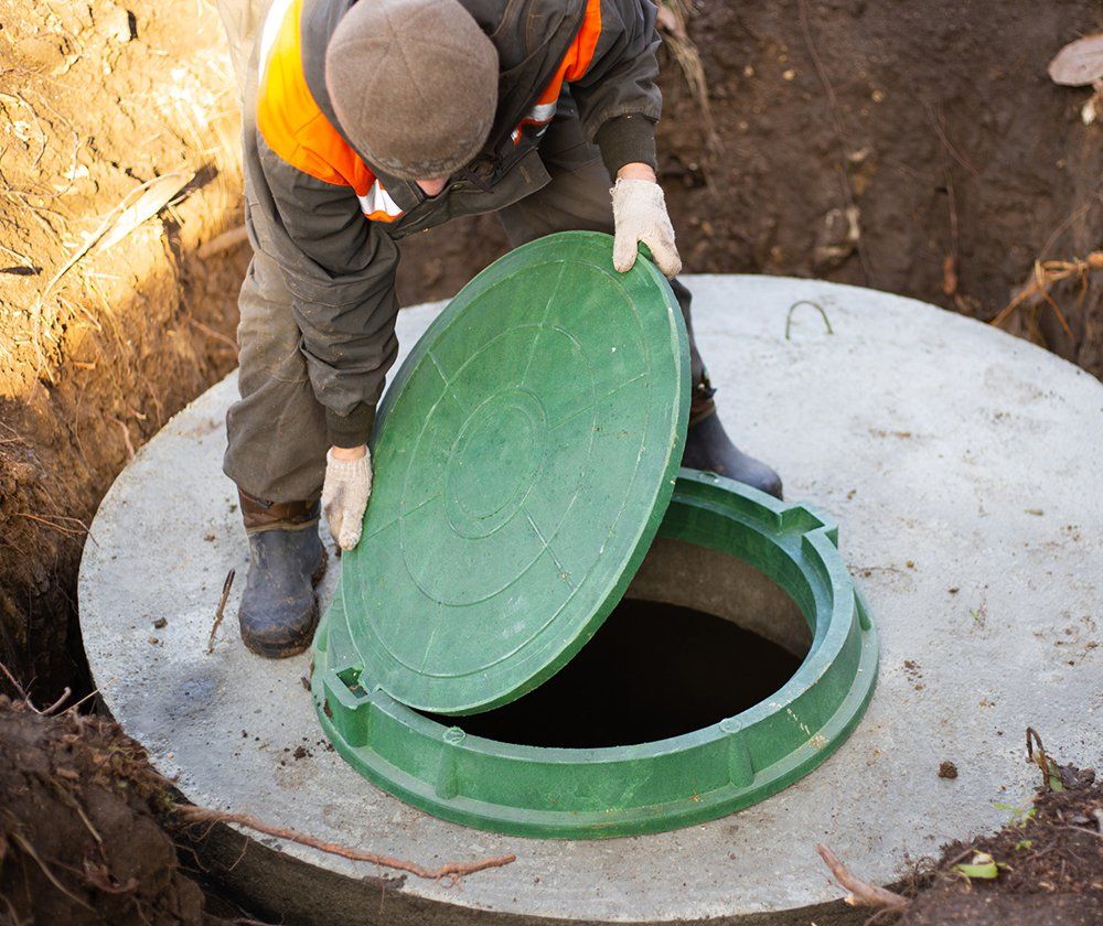 Worker Installing A Septic Tank — Mechanicsville, VA — C & W Hanover Septic A worker in safety gear opening a green septic tank lid.