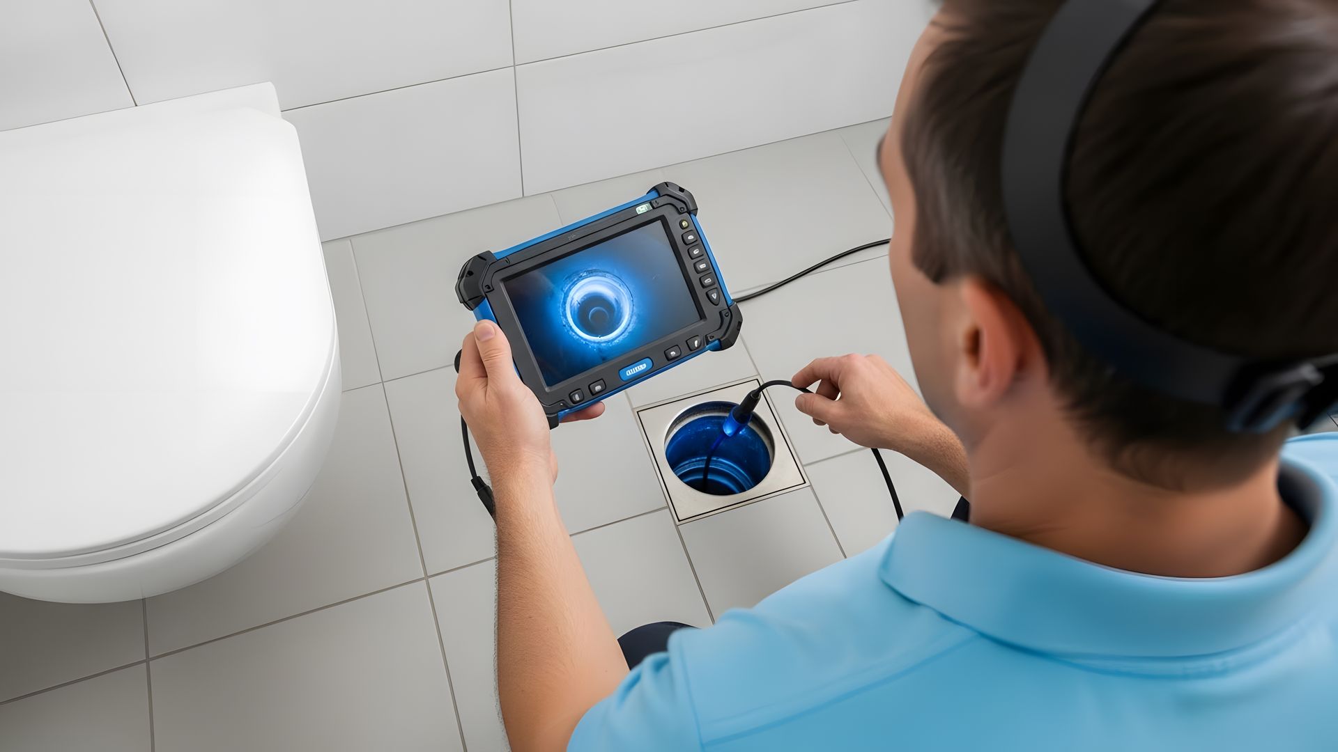 A plumber performing a sewer camera inspection using advanced equipment to assess drain line issues. A plumber performing a sewer camera inspection using advanced equipment to assess drain line issues.