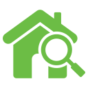 Septic Tank Green house icon with magnifying glass.