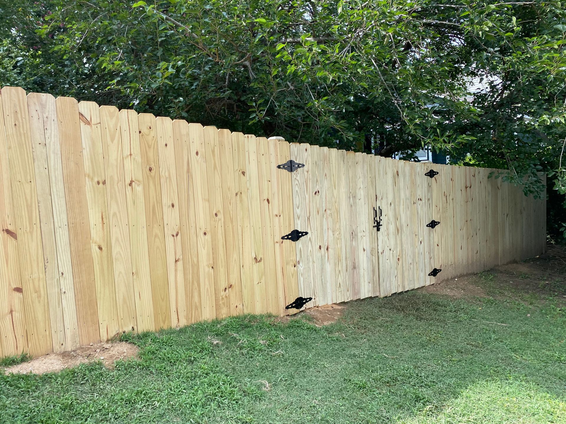A wooden fence with a gate in the backyard.