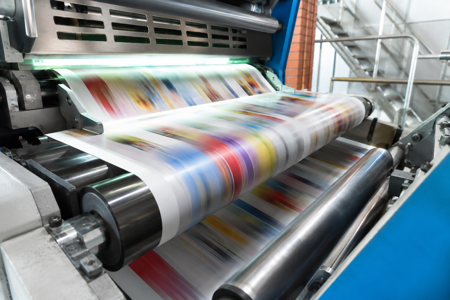 Macchina da stampa che srotola fogli di carta colorata