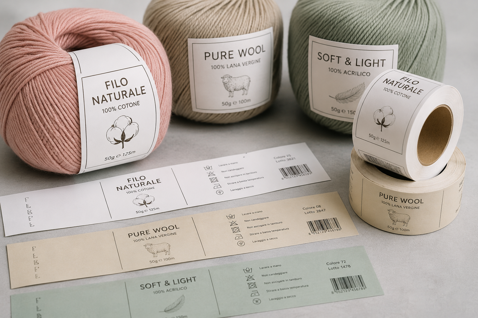 Rocchetti di filato lavorati a maglia con etichette minimaliste e cartoncini di confezionamento nei colori rosa, crema e verde salvia su un tavolo.